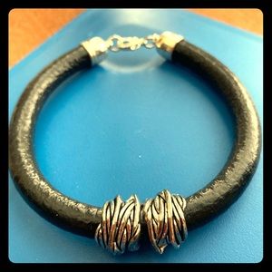 Men’s Black Leather Bracelet with Silver A…